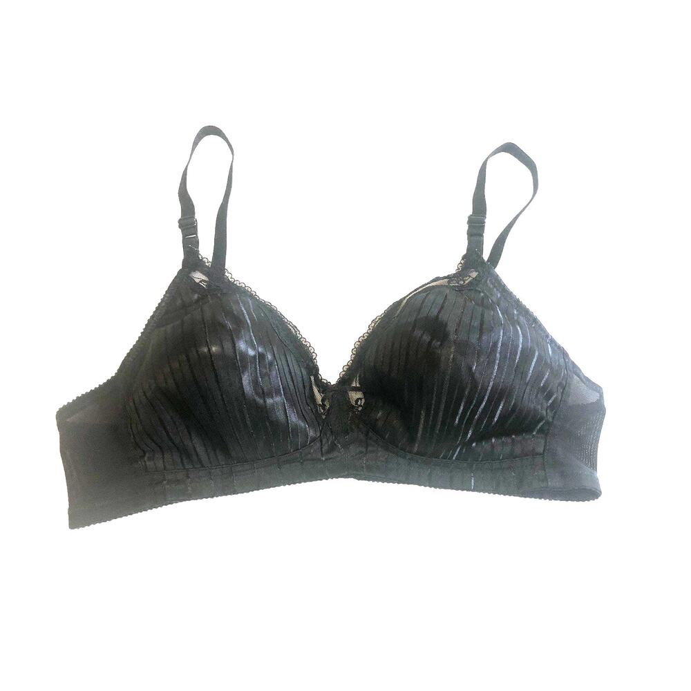 Vintage BESTFORM Size 36C Black Satin Striped Lace Sheer Back Wireless Bra Retro